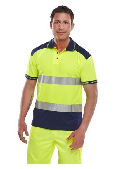 Beeswift Men's Hi Vis Two Tone Polo Shirt Short Sleeve Yellow Navy